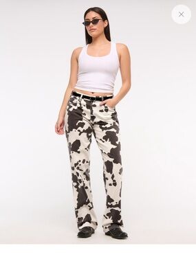 Abercrombie & Fitch Cream and Brown Cow Print Baggy Jeans size 26 LONG/TALL